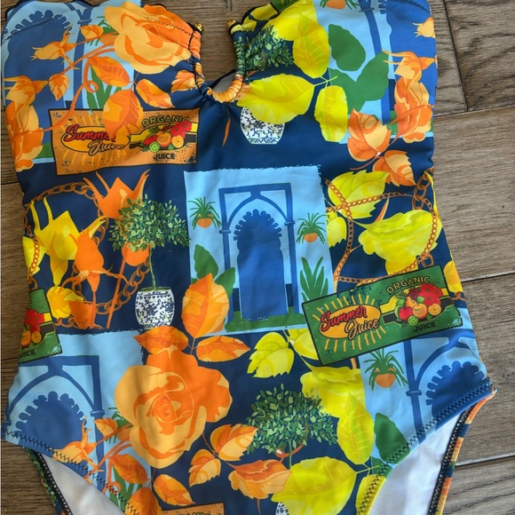 Fashion Nova Strapless Floral Citrus Print One-Piece Swimsuit - Blue/Yellow - Picture 6 of 9